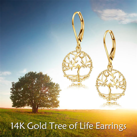 14k Solid Gold Tree of Life Leverback Earrings for Women, Dangle Drop Earrings Birthday Gifts for Her