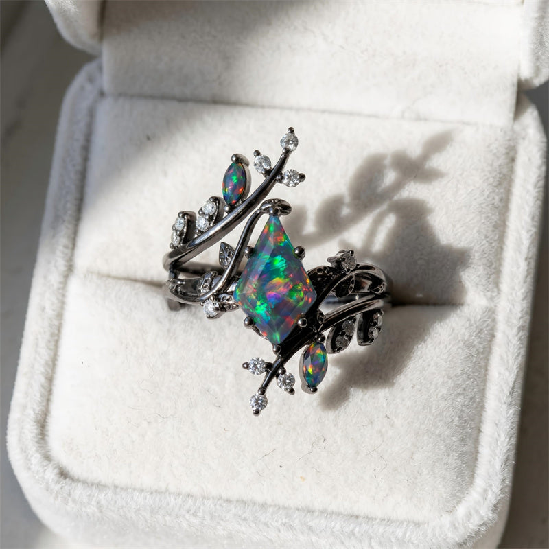 Sterling Silver 10K  14K  18K  Gold Personalized Engraved Black Opal Engagement Wedding Promise Ring for Her