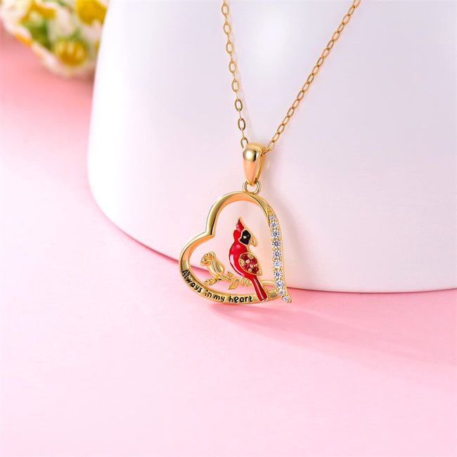 Soild 14K Gold Red Cardinal Bird Necklace, Real Gold Memorial Pendant Necklace Engrave Always in My Heart Fine Jewelry Gifts for Her