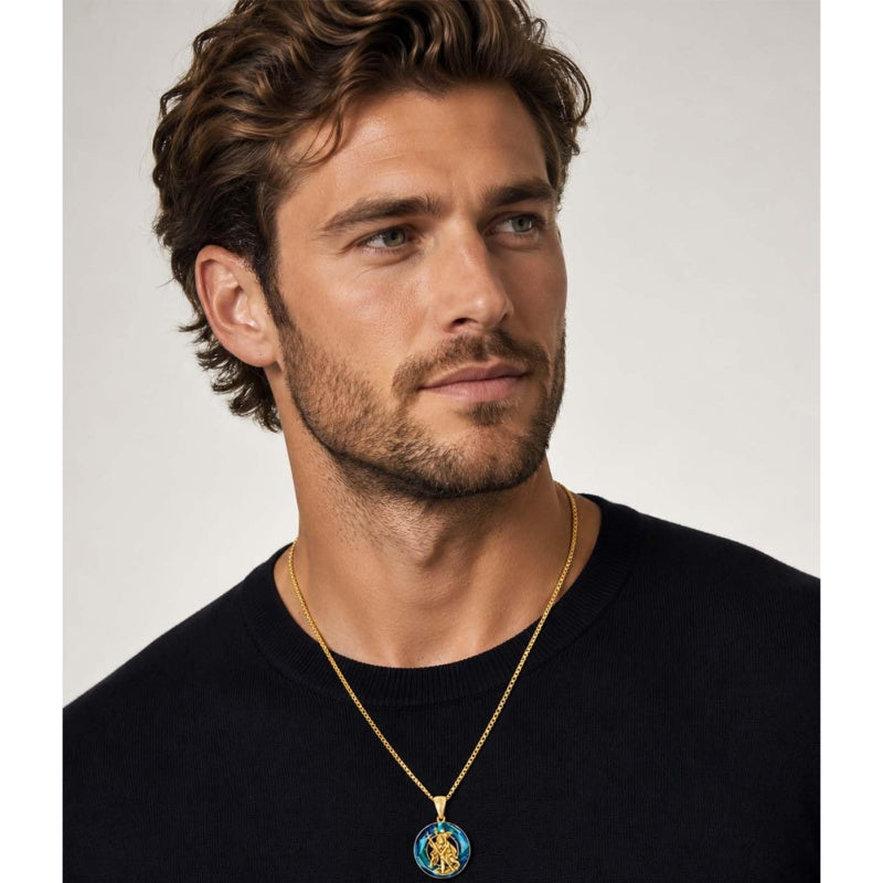 14K Gold Plated Blue Crystal Saint Protection Pendant Necklace Amulet Baptism Gift