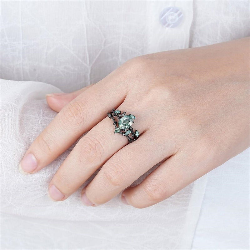 Sterling Silver 10K 14K 18K Gold Vintage Nature Moss Agate Engagement Ring Sets for Women