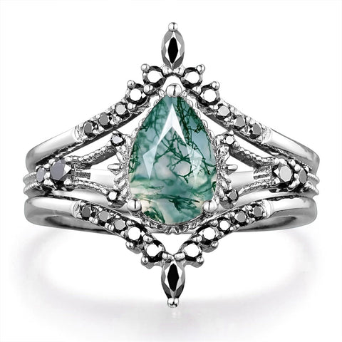 Sterling Silver 10K 14K 18K Gold 2CT Moss Agate Vine Leaf Women's Bridal Ring Sets for Wedding Engagement