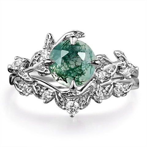 Sterling Silver 10K 14K 18K Gold 2CT Moss Agate Vine Leaf Women's Bridal Ring Sets for Wedding Engagement