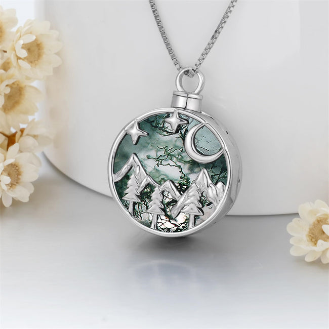 Mountain Range Moss Agate Crystal Cremation Jewelry for AshesSterling Sivler Abalone Shell Crystal Urns for Human Ashes Pendant Necklace