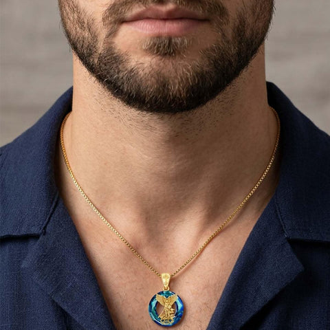 14K Gold Plated Blue Crystal Saint Protection Pendant Necklace Amulet Baptism Gift
