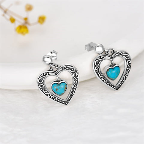 Turquoise Heart Earrings 925 Sterling Silver Heart Shape Natural Turquoise Hypoallergenic Dangle Drop Earrings Jewelry Gifts for Women Girls