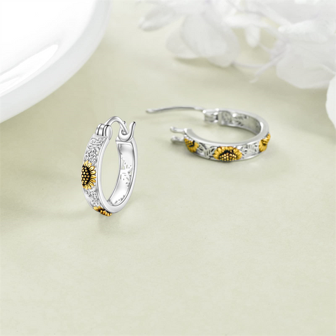 Sterling Silver Sunflower Hoop Earrings
