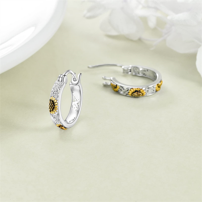Sterling Silver Sunflower Hoops Earrings Small Huggie Earrings Jewelry Gift for Women