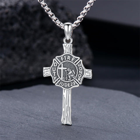 Sterling Silver Firefighter & Cross Pendant Necklace Necklace for Men