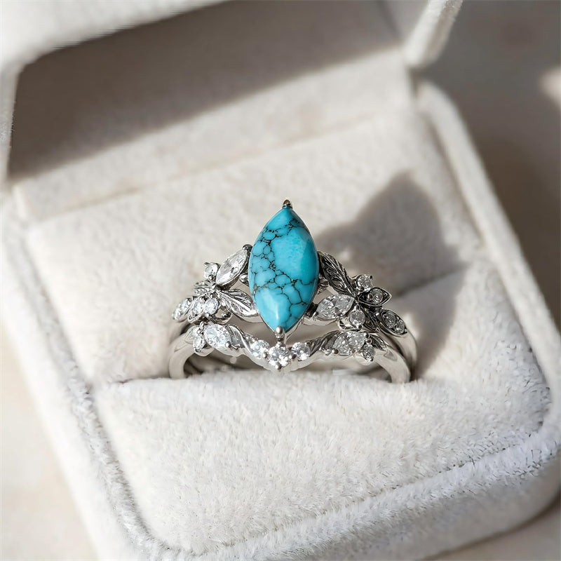 Sterling Silver Personalized Engraved 1-3CT Turquoise Engagement  Wedding Promise Ring Set for Her
