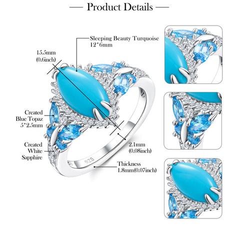 Sterling Silver Cushion Marquise Pear Round Oval Cut Turquoise Engagement Ring for Women