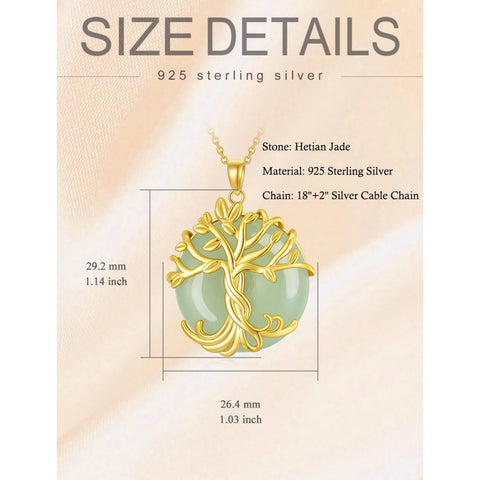 14k Gold Plated Sterling Silver Round Jade Tree of Life Necklace Good Fortune Jewelry for Women