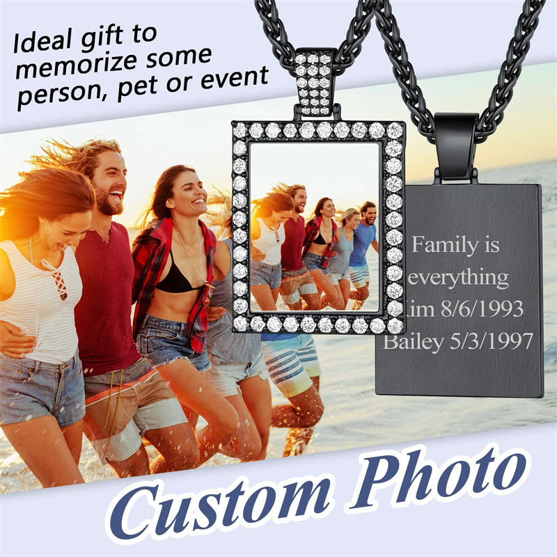 Copper Cubic Zirconia Square Personalized Photo Engraved Pendant Necklace