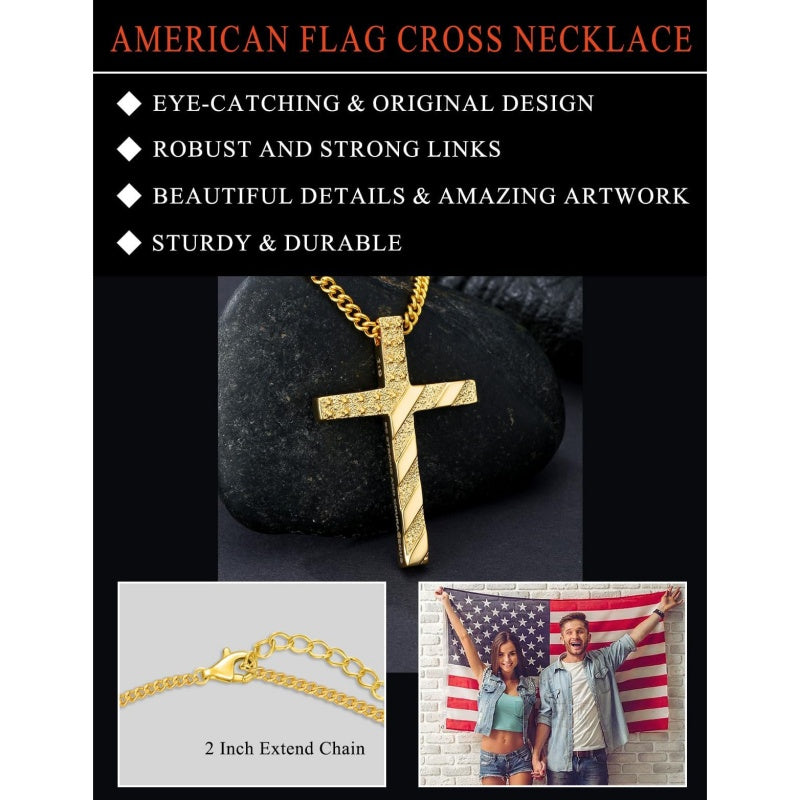 Bible Verse 14K Gold Plated American Flag Cross Necklace for Men