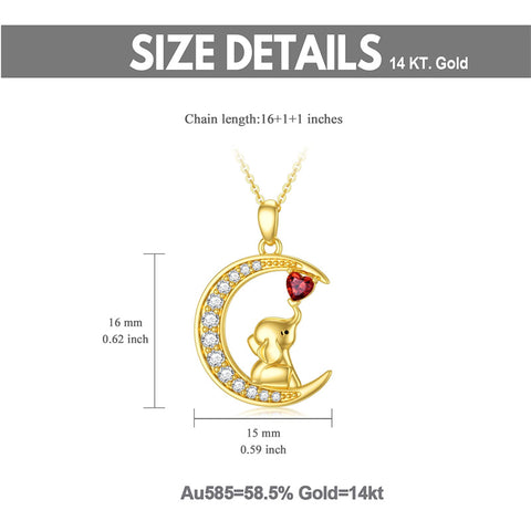 14K Gold Garnet Moissanite Elephant Moon Pendant Necklace