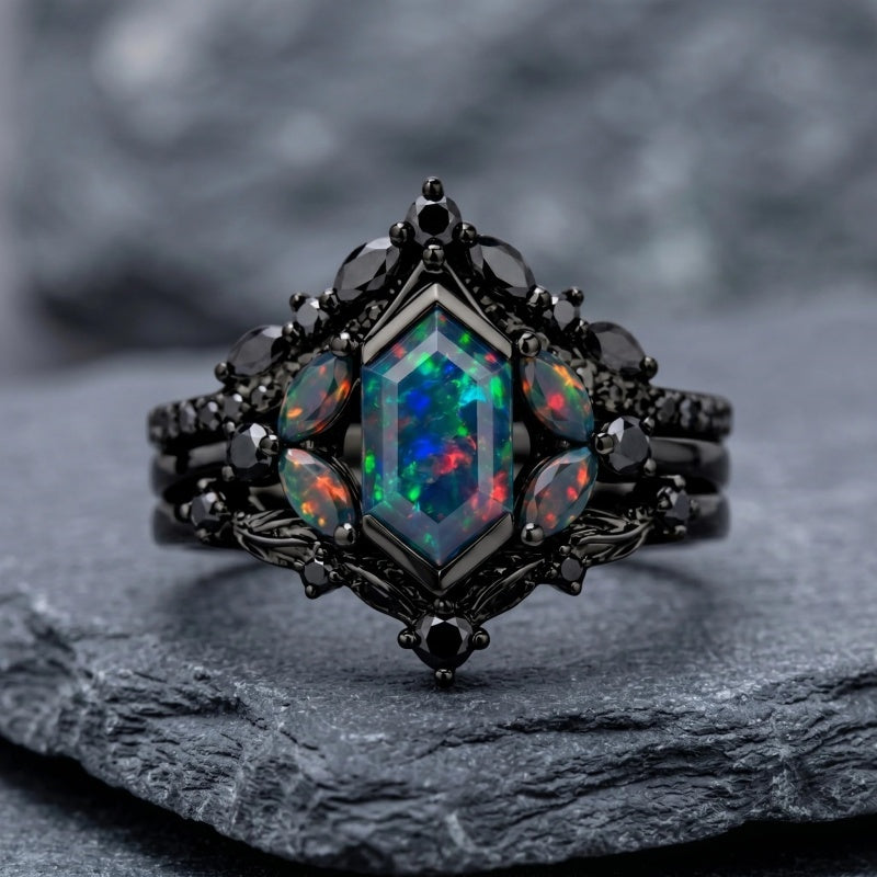 Sterling Silver 10K  14K  18K  Gold Personalized Engraved Black Opal Engagement Wedding Promise Ring for Her