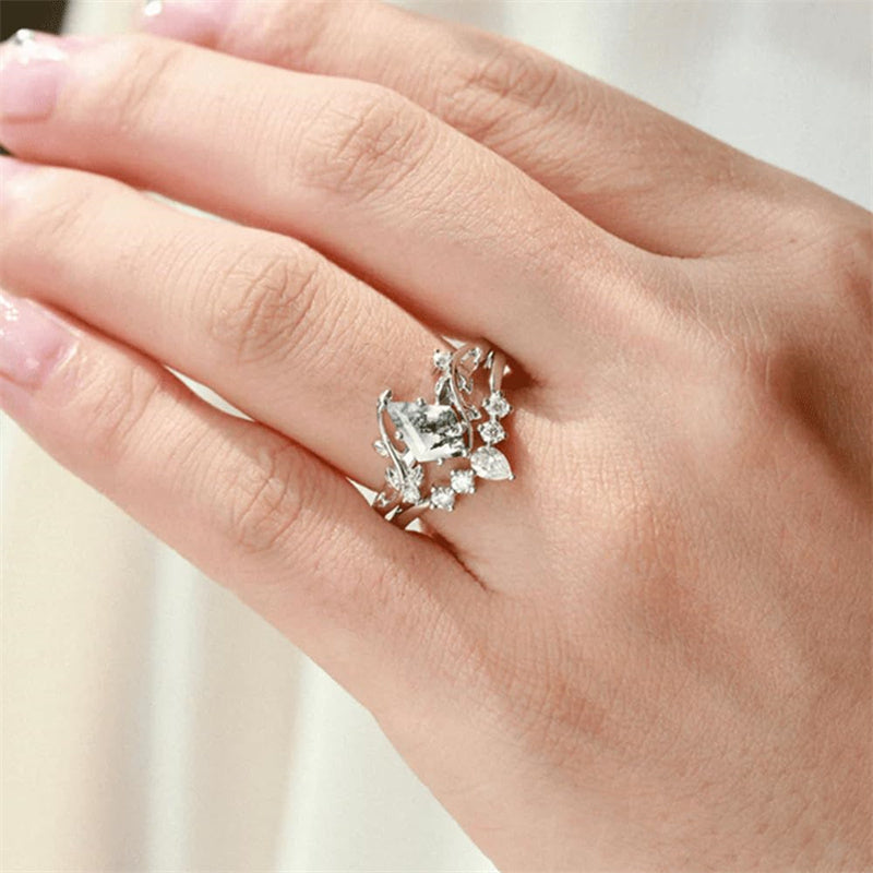 Sterling Silver10K 14K 18K Gold Natural Moss Agate Branch Leafy Engagement Ring Set For Couples