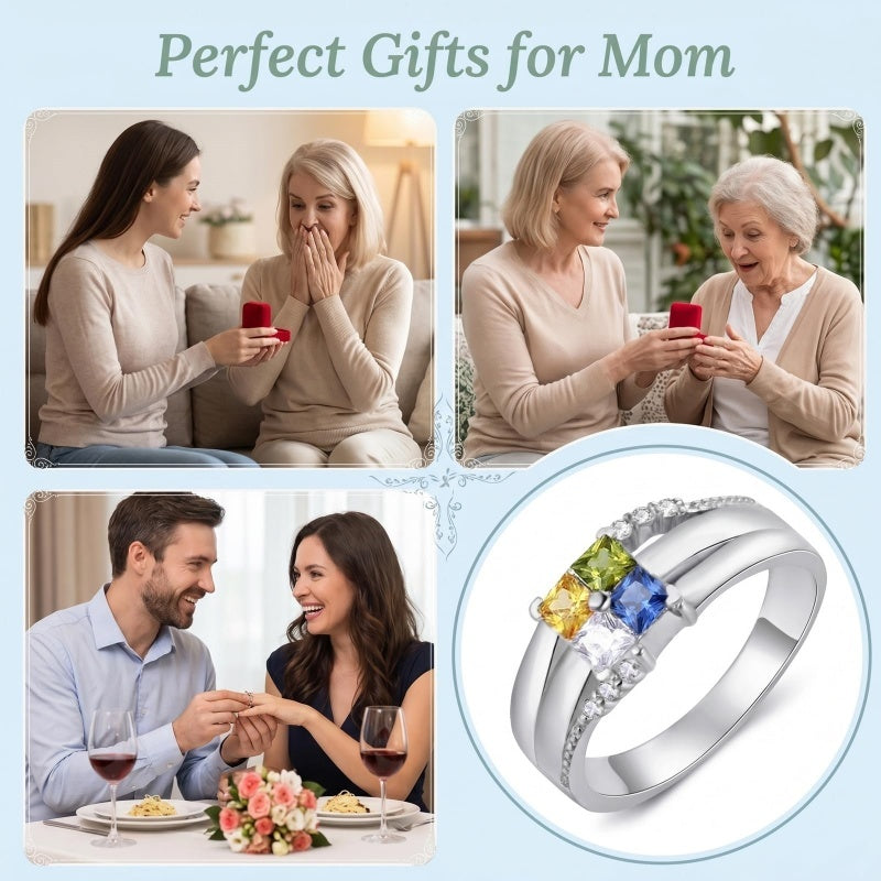 10K 14K 18K Gold Square Shaped Personalized 1-5 Birthstone  Family Mother's Ring Anniversary Ring for Women