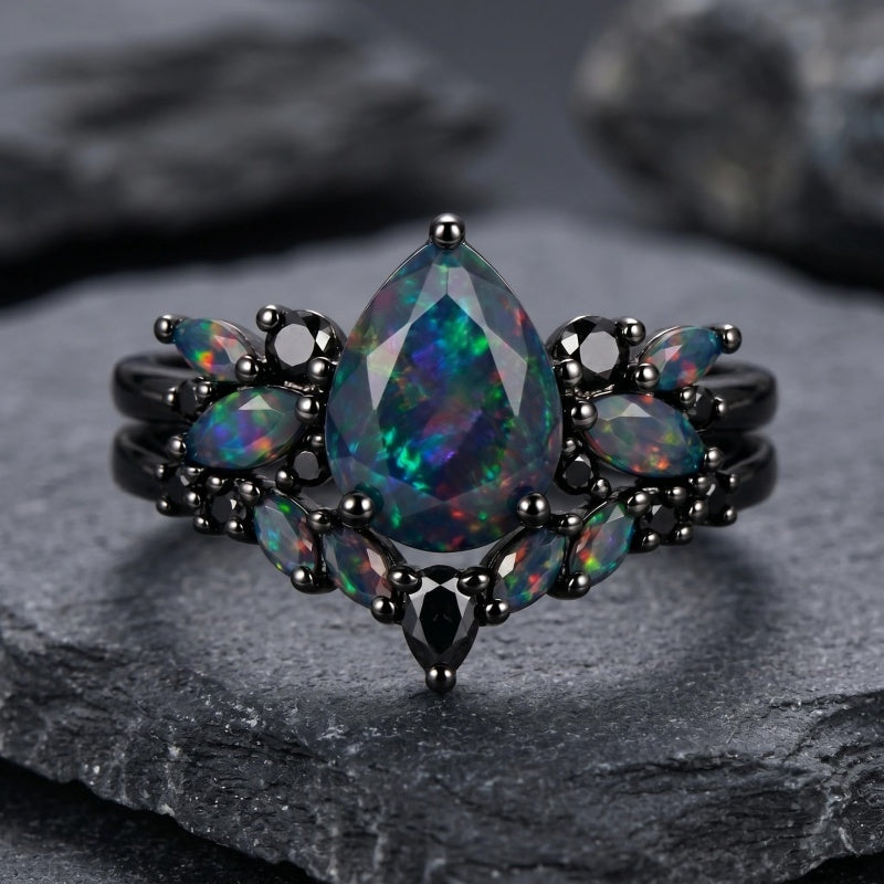 Sterling Silver 10K  14K  18K  Gold Personalized Engraved Black Opal Engagement Wedding Promise Ring for Her