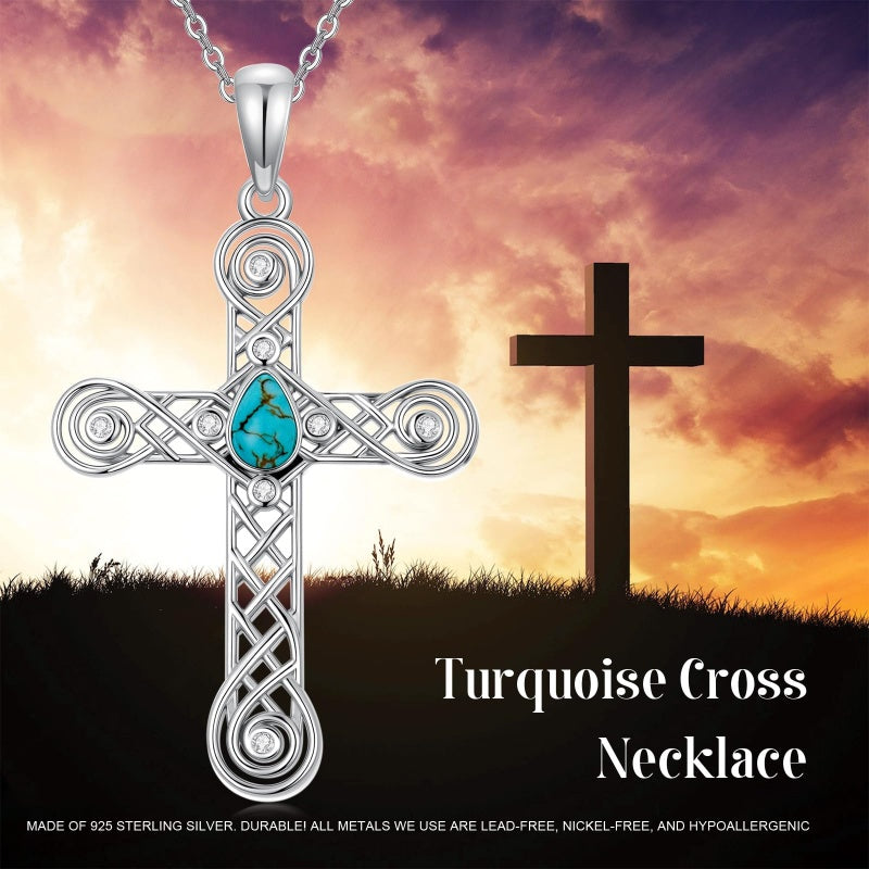 14K Gold Plated Turquoise Cross Pendant Necklace Western Jewelry for Women