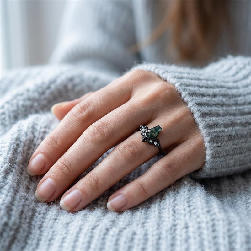 Sterling Silver 10K 14K  18K Gold Personalized Engraved Moss Agate Gothic Promise Wedding Engagement Black Ring Set