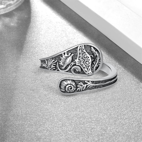 Sterling Silver Adjustable Dragon Moth Octopus Shark Stingray Sea Turtle Spoon Ring