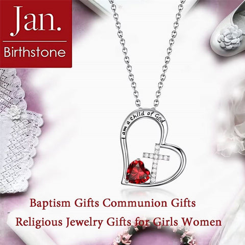 I Am a Child of God Heart Cross Birthstone Necklace 925 Silver Jewelry Baptism Gifts for Girls Daughter Teens Women
