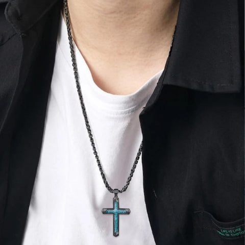 14K Gold Plated Turquoise Malachite Abalone Shell Cross Pendant Necklace for Men