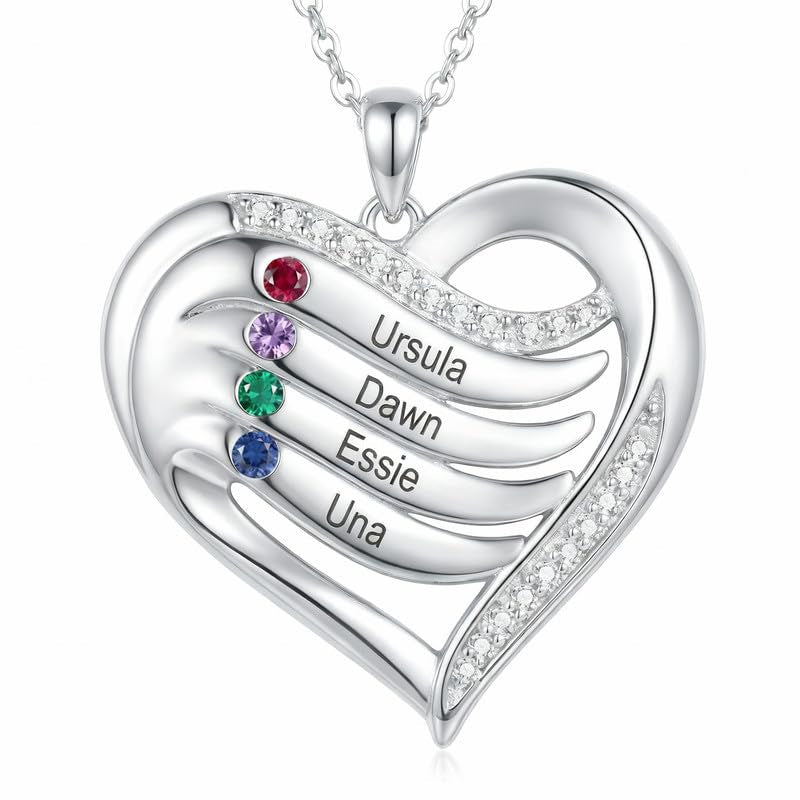 10K 14K 18K Gold  Personalized 1-4 Birthstones Engraved Heart Necklace for Women