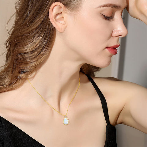 14K Gold Pear Shape TearDangle White Opal Moss Agate Pendant Necklace