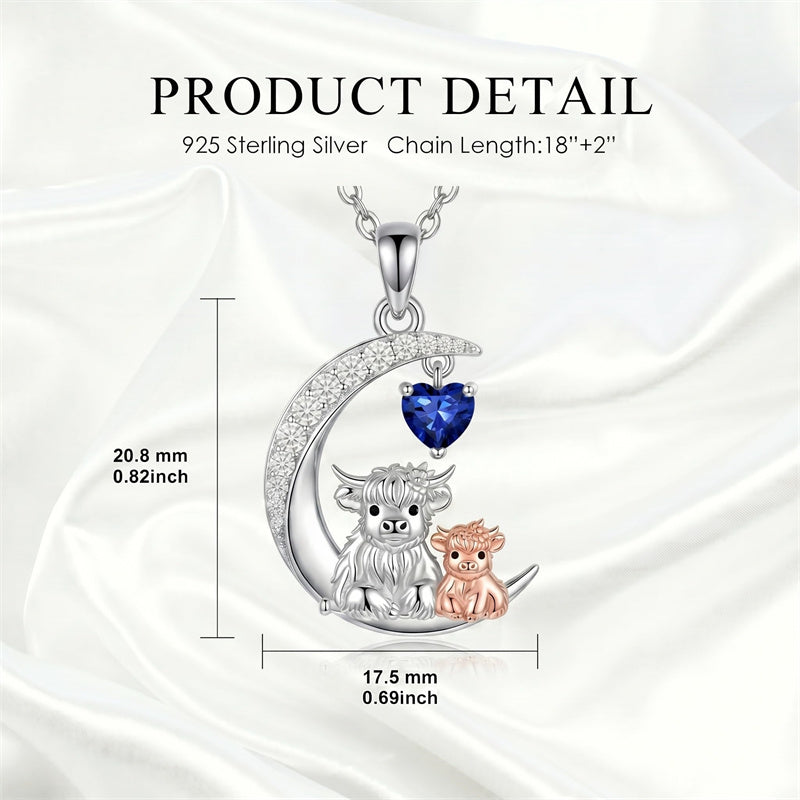Sterling Silver Round Heart Birthstone Highland Cow Pendant Necklace Fluffy Cow Jewelry Gifts Birthday Christmas
