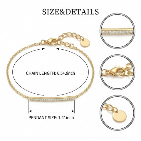 14K Gold  Plated Cubic Zirconia  Bar Bracelet Adjustable Chain for Women