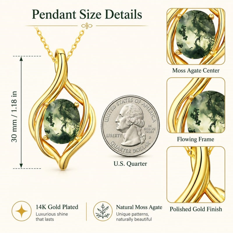 14K Gold Plated Moss Agate Pendant Necklace Boho Jewelry for Women