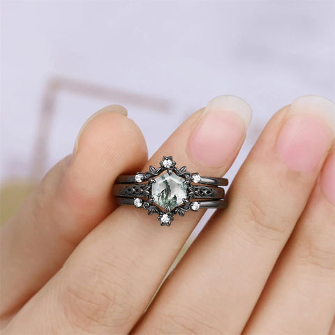 Sterling Silver 10K 14K 18K Gold 2CT Moss Agate Vine Leaf Women's Bridal Ring Sets for Wedding Engagement