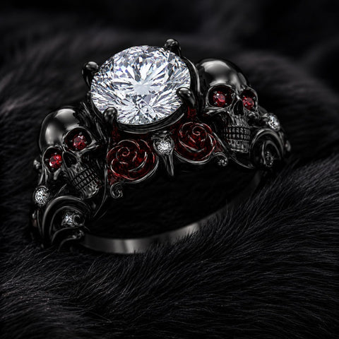 Sterling Silver 10K 14K 18K Gold Moissanite Gothic Black  Engagement Wedding Ring  for Women Halloween Gift
