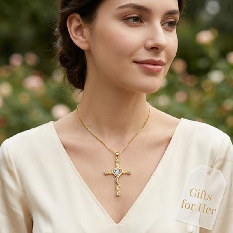 14K Gold Plated Heart Cut Cubic Zirconia Cross  Pendant Necklace For Women Religious Faith Jewelry
