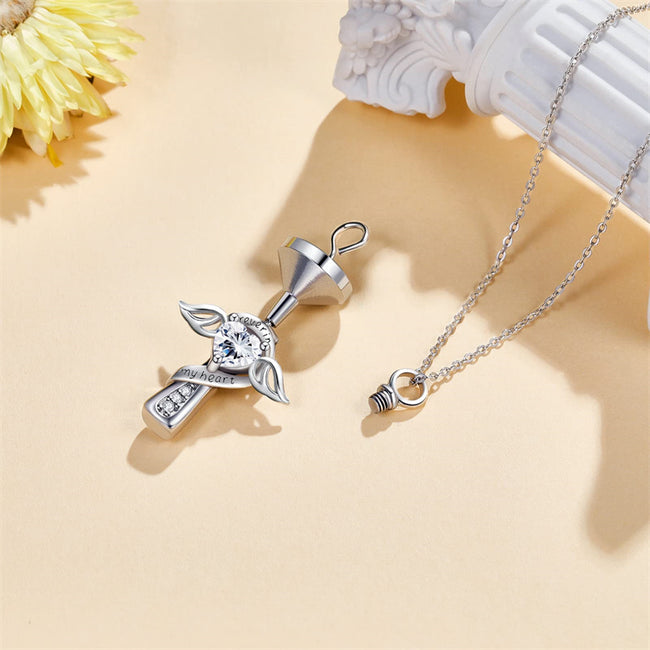 Cross Wing Urn  Necklace for Ashes Sterling Silver Angel Wings Cross Urn Necklace Heart Cubic Zirconia Neckalces Cremation Jewelry for Ashes
