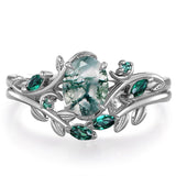 Sterling Silver 10K 14K 18K Gold 2CT Moss Agate Vine Leaf Women's Bridal Ring Sets for Wedding Engagement