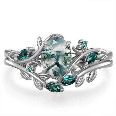 Sterling Silver 10K 14K 18K Gold 2CT Moss Agate Vine Leaf Women's Bridal Ring Sets for Wedding Engagement