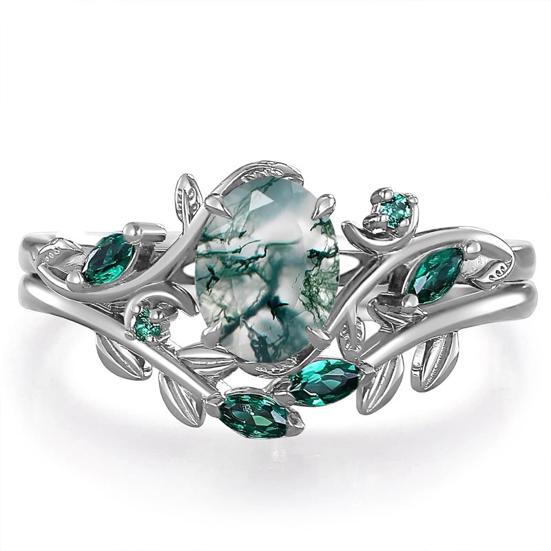 Sterling Silver 10K 14K 18K Gold 2CT Moss Agate Vine Leaf Women's Bridal Ring Sets for Wedding Engagement