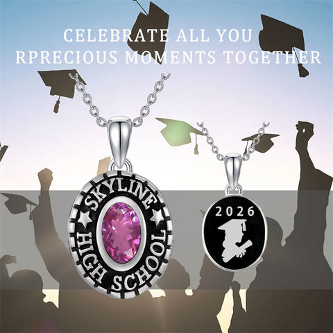 Sterling Silver Custom  Birthstone Engraved Class High School College Graduation Necklace