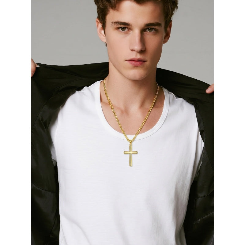 Cross Pendant Necklace for Men 14K Gold Plated Minimalist Christian Jewelry Religious Gift