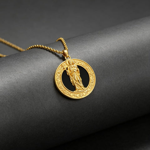 14K Gold Plated Black Onyx Patron Saint Medal Religious Amulet Pendant Necklace for Men