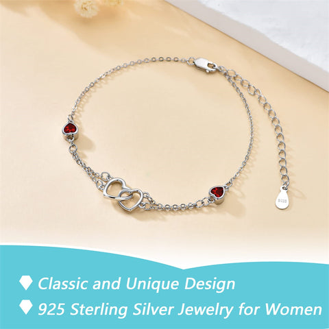 Anklet for Women  Sterling Silver Birthstone Jewelry Cubic Zirconia Double Heart Birthstone Anklet Chain Gift for Mom Wife Friend Bride Her Birthday
