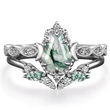 Sterling Silver 2CT Moss Agate  Engagement Wedding Ring Sets for Women