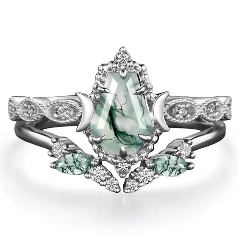 Sterling Silver 2CT Moss Agate  Engagement Wedding Ring Sets for Women