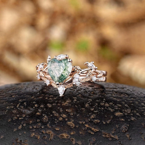 Sterling Silver 2CT Moss Agate  Engagement Wedding Ring Sets for Women