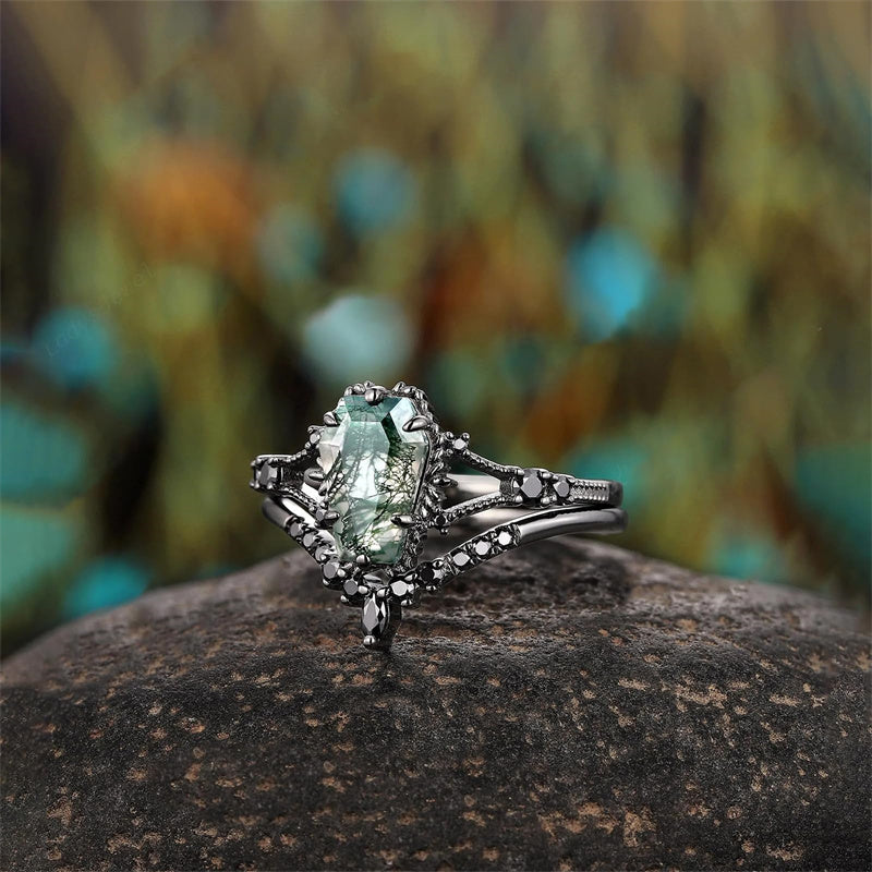 Sterling Silver 10K 14K 18K Gold 2CT Moss Agate Vine Leaf Women's Bridal Ring Sets for Wedding Engagement