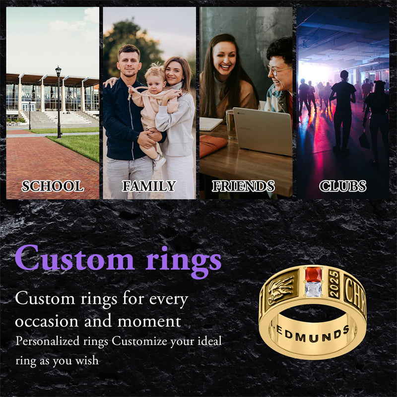 Sterling Silver 10K 14K 18K Gold Personalized Birthstone Pattern Class Ring for Men