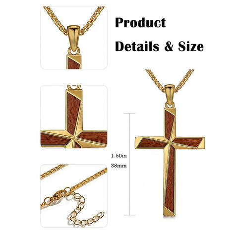 14K Gold Plated Wooden Cross Pendant Necklace Christian Catholic Jewelry Religious Gift